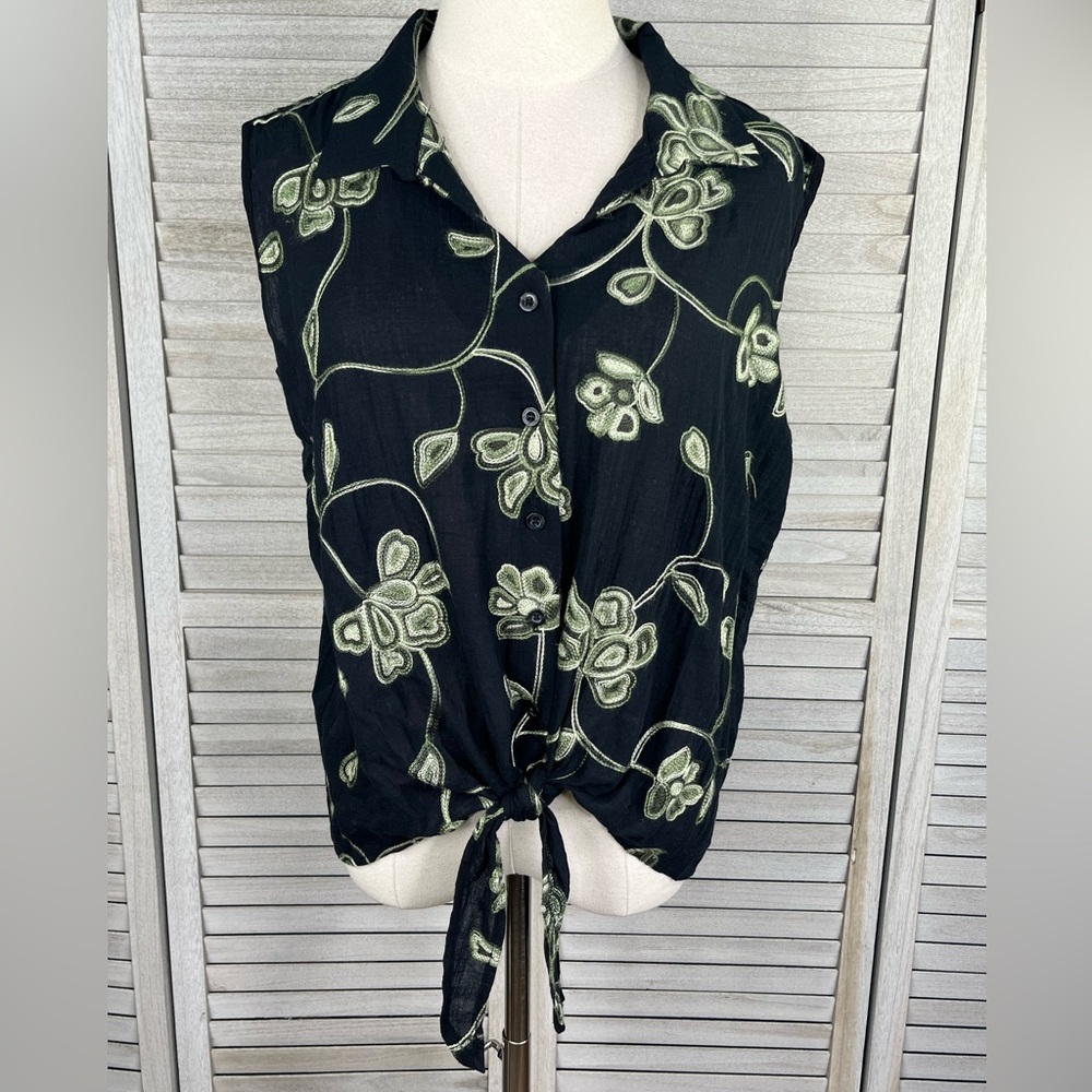 CABANA CAY 100% Cotton Sleeveless Button Down Top Tie Hem Black/Green-XL